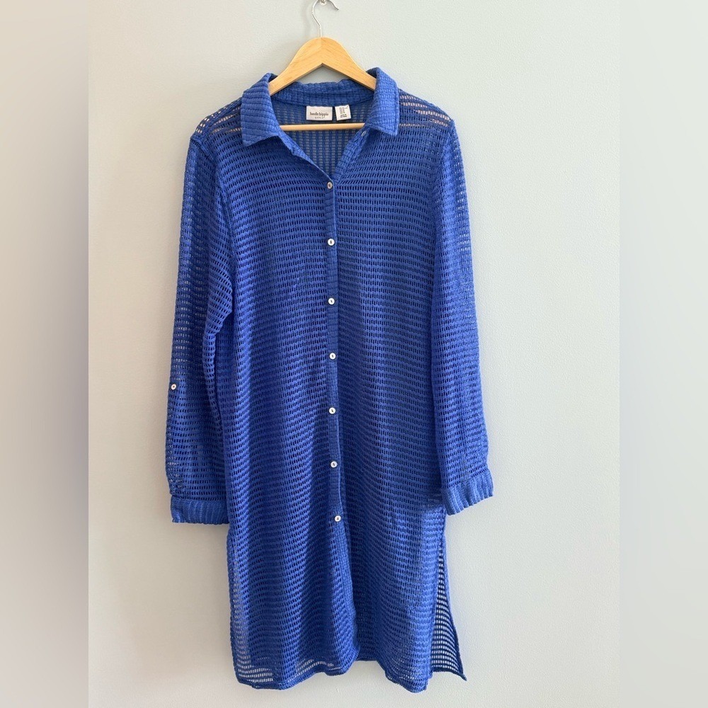 Cobalt Blue Mesh Shirt Dress Cover Up Haute Hippie Resort Beachwear XL - Picture 2 of 6